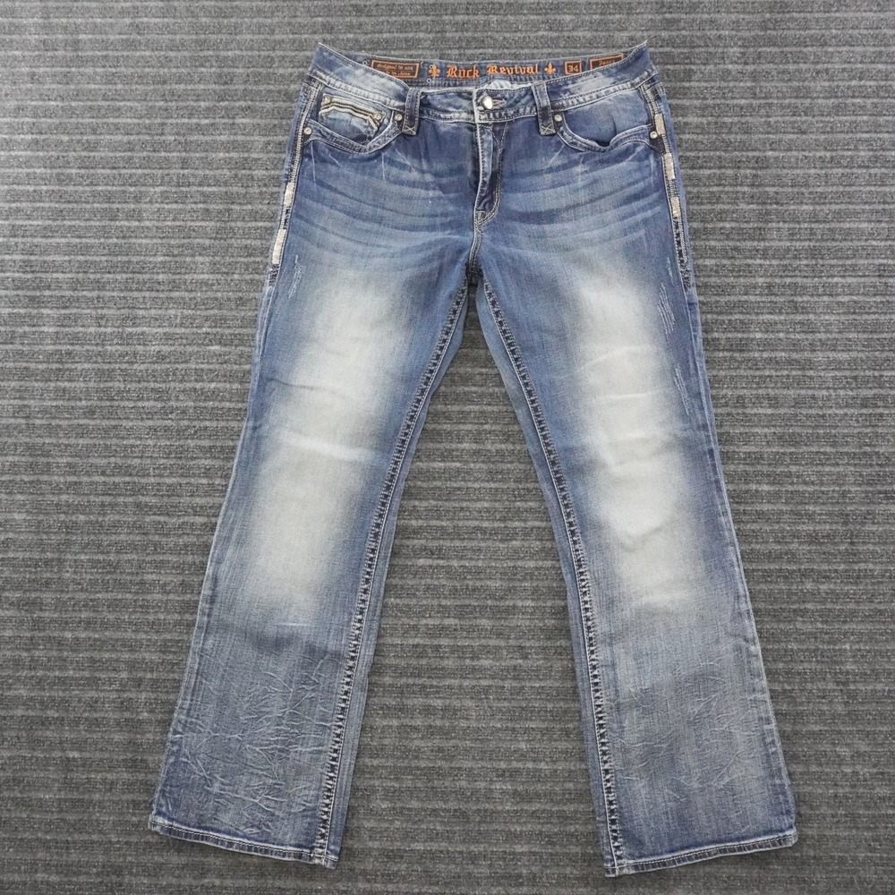 Rock Revival Posey Easy Boot Jeans Womens 34 Blue Embroidered Sequin Denim